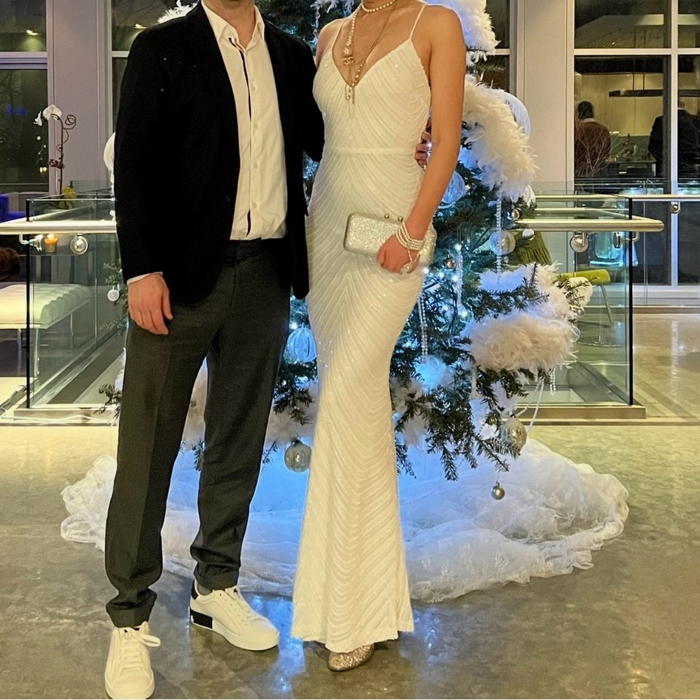 Elegant Ivory Beaded Column Gown